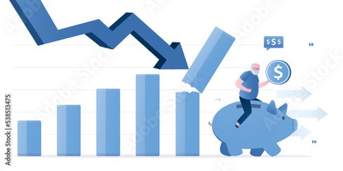 Grandparent or elderly investor sitting on piggy bank ride away from collapsing graph. Economic recession from high inflation, stock market crash, crisis or depression. Retirement savings loss.