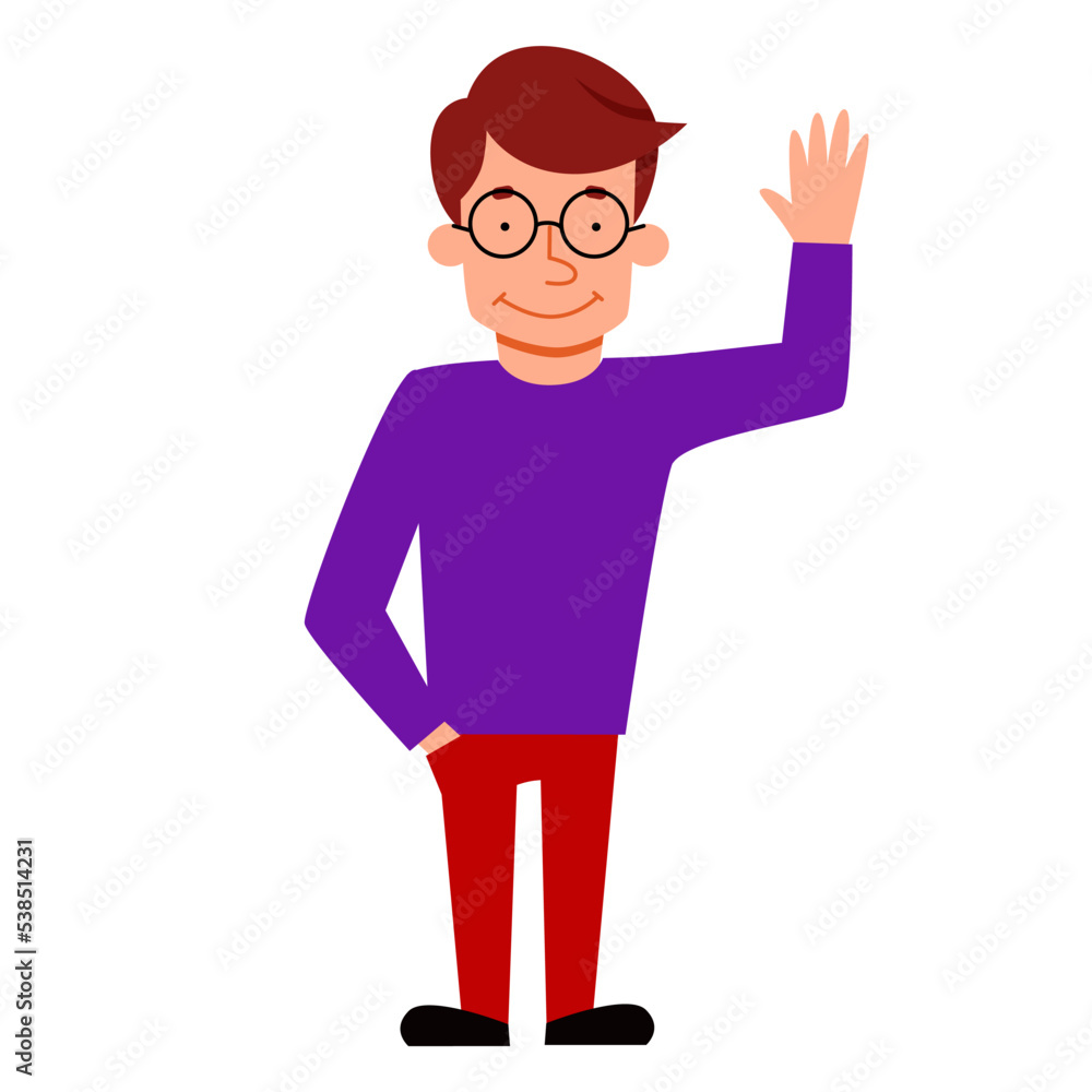 The young man stands up to his full height and waves his hand. Friendly greeting of a man with glasses. Vector illustration in a flat style on an isolated white background. The young man stands up to his full height and waves his hand. Friendly greeting of a man with glasses. Vector illustration in a flat style on an isolated white background.