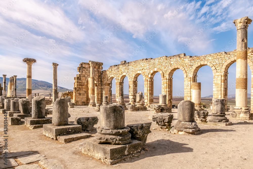 View at the ruins of Basilica building in ancient town Volubilis - Morocco