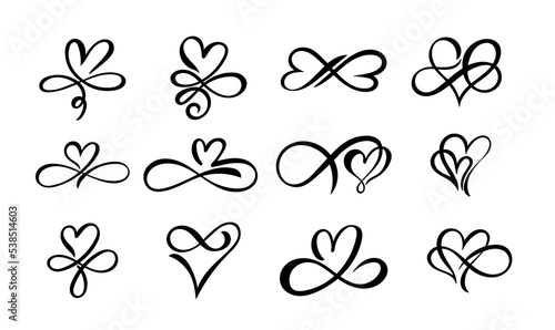 Love hand drawn hearts sign of infinity with cute sketch line. Set of divider doodle element love shape for valentines day, wedding, mother's day or woman's day. Vector isolated on white background.