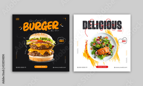 Food social media banner design template. Burger and delicious social media post vector illustration. Square size.