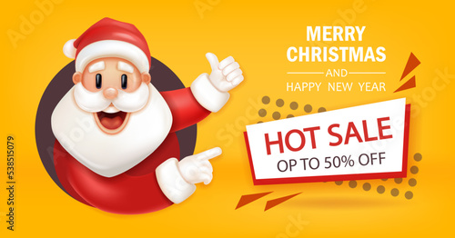 3d christmas sale offer with funny Santa Claus. Vector cartoon realistic holiday advertisement banner. Playful illustration winter flash xmas poster.