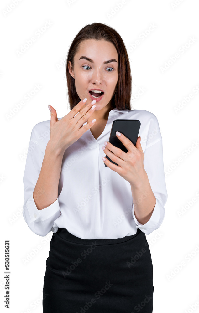 Businesswoman surprised looking at the phone, isolated over white background Businesswoman surprised looking at the phone, isolated over white background