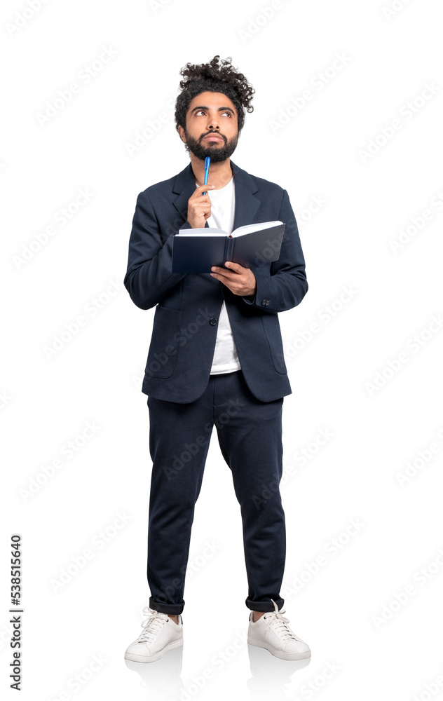 Arab businessman with notebook and pen, isolated over white back Arab businessman with notebook and pen, isolated over white back