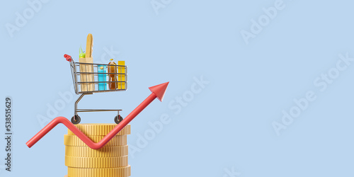 Shopping cart with products, rising arrow and gold coins. Copy space photo