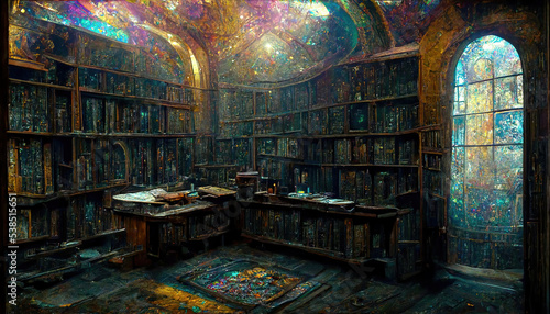 AI generated or 3D illustrated image of a colorful library of magic, with a large stained glass colorful window