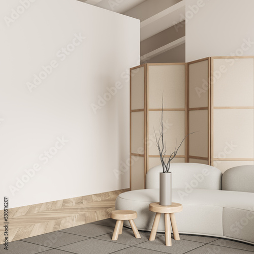 Light relaxing room interior with sofa and partition, mockup empty wall © ImageFlow