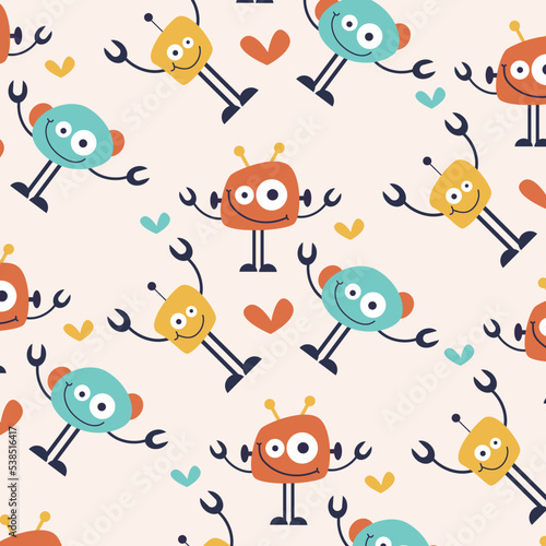 Seamless pattern with cute robot variations perfect for wrapping paper