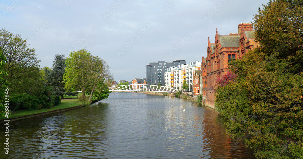 New buildings and bridge across the river Great Ouse at Bedford UK.	