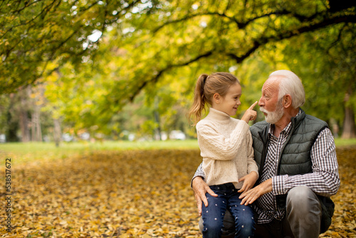 Grandfather spending time with his granddaughter in park on autumn day © BGStock72