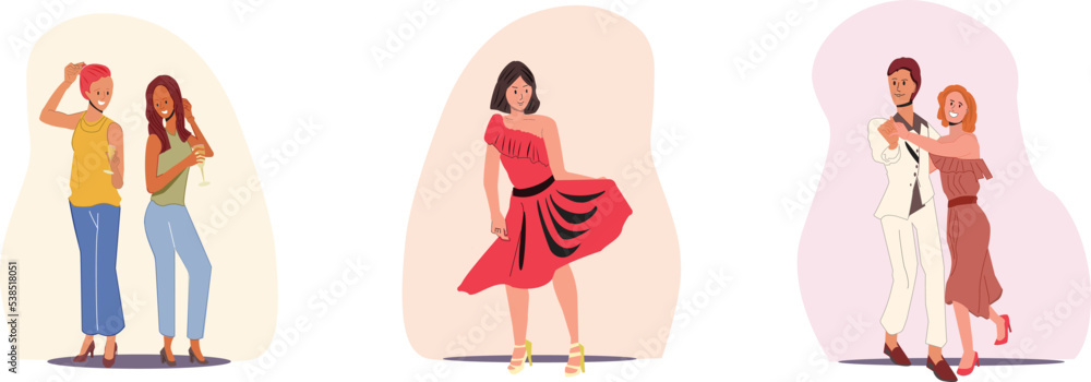 Night Fever vector illustration, Flat design. Men and women dancing on the dance floor, drink wine, wearing skirts, dancing together. For celebrating, clubbing and nightclub.