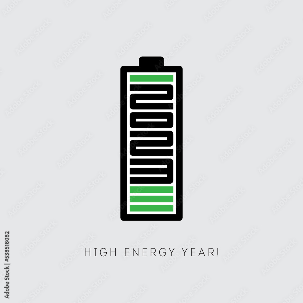 2023 is charged with new achievements, ideas and conquering new heights. High energy year. Motivational, inspirational poster. Happy new year. Vertical battery with a full charge of energy. 2023 is charged with new achievements, ideas and conquering new heights. High energy year. Motivational, inspirational poster. Happy new year. Vertical battery with a full charge of energy.