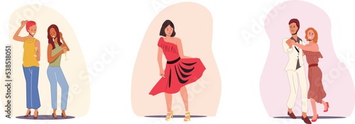 Night Fever vector illustration, Flat design. Men and women dancing on the dance floor, drink wine, wearing skirts, dancing together. For celebrating, clubbing and nightclub.