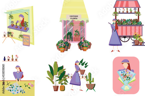Set of florist work at florist shop or store. Woman compose bouquet on table, hold, carry fresh flowers in florist shop. Floristry selling at flower truck. Flat vector cartoon isolated illustration