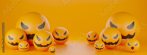 Halloween Emoji Pumpkin Ball Wallpaper Pumpkin elements for Halloween. Emotional Smile Balloons with scary, evil on their faces. Realistic 3d design gift box. Traditional element of decor for holiday.