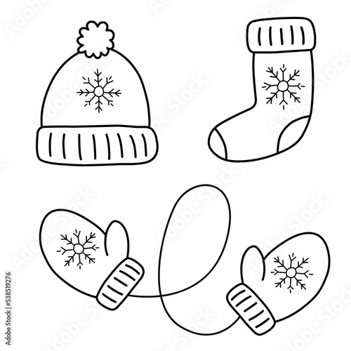 Set of hand drawn winter clothes and accessories hat, mittens, socks. Doodle sketch for kids, Christmas design. Isolated vector illustrations.
