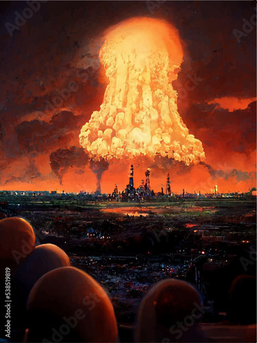 Mushroom from the explosion of a nuclear bomb over the city. Nuclear war in the world. End of the world. Armageddon.