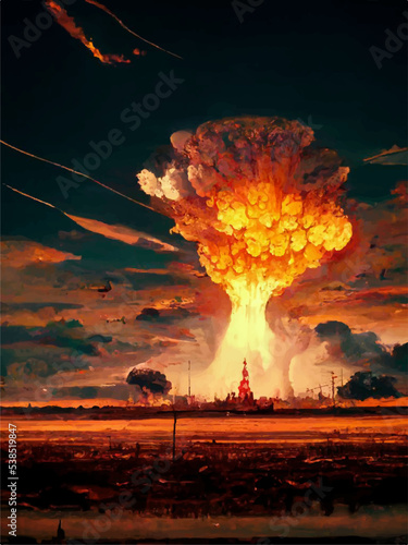 Mushroom from the explosion of a nuclear bomb over the city. Nuclear war in the world. End of the world. Armageddon.