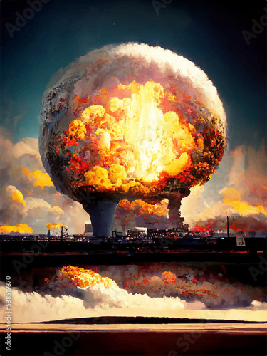 Mushroom from the explosion of a nuclear bomb over the city. Nuclear war in the world. End of the world. Armageddon.
