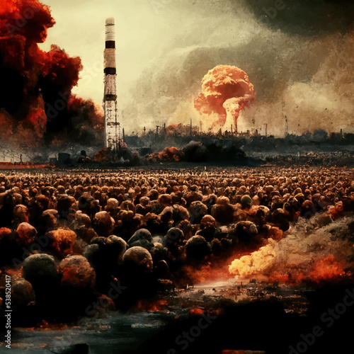 Mushroom from the explosion of a nuclear bomb over the city. Nuclear war in the world. End of the world. Armageddon.