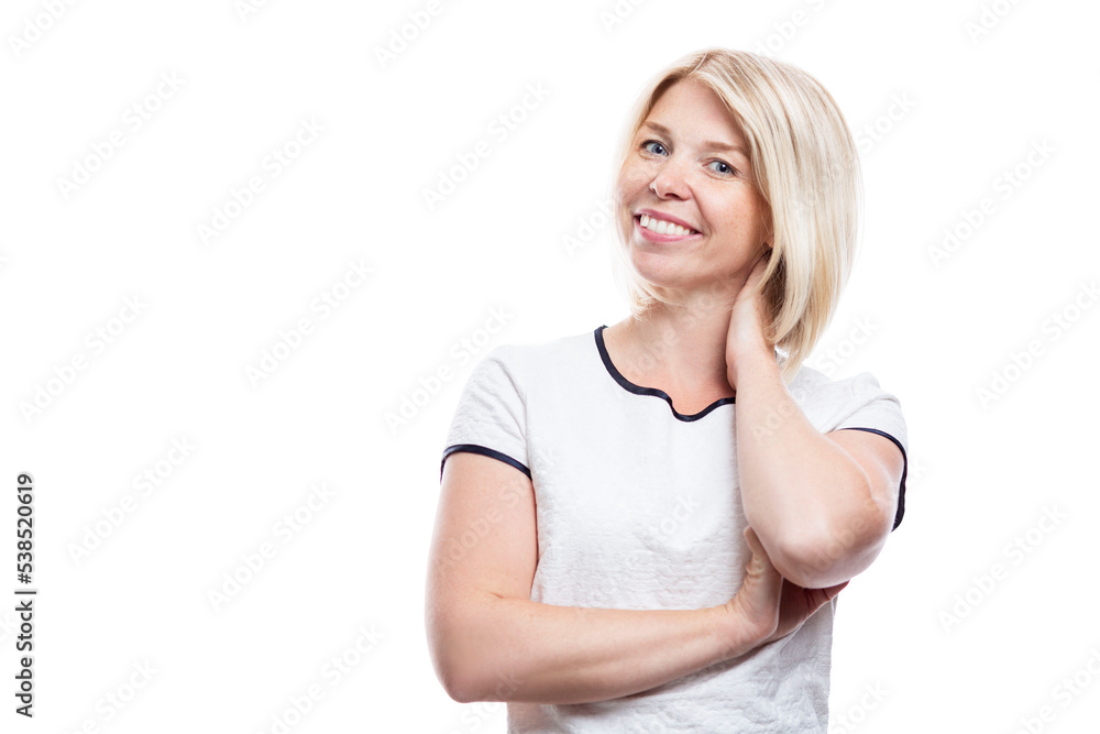 Pretty smiling woman. Beautiful blonde in a white dress. success and business. Isolated on white background. Space for text. Pretty smiling woman. Beautiful blonde in a white dress. success and business. Isolated on white background. Space for text.