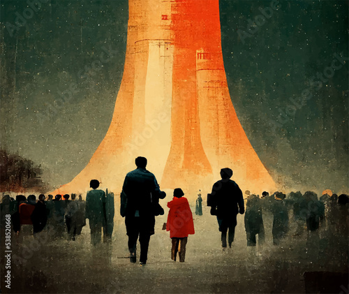 People look at the mushroom from the explosion of a nuclear bomb over the city. Nuclear war in the world. End of the world. Armageddon.