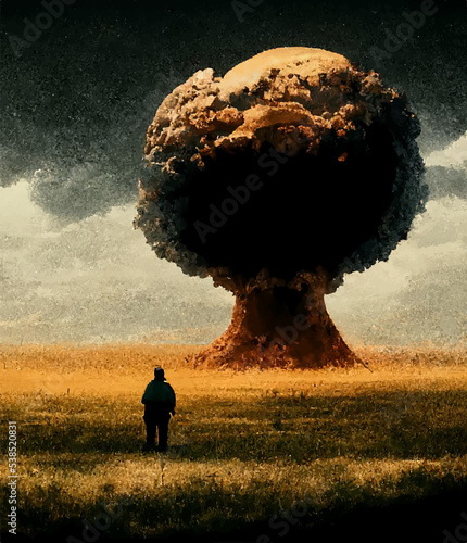 Silhouette of a man on the background of a mushroom from a nuclear bomb explosion. Nuclear war in the world. End of the world.