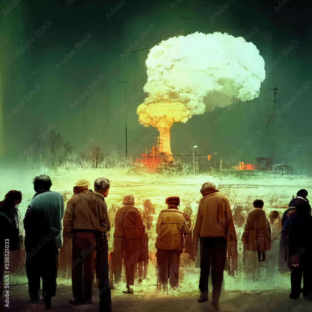 People look at the mushroom from the explosion of a nuclear bomb over the city. Nuclear war in the world. End of the world. Armageddon.