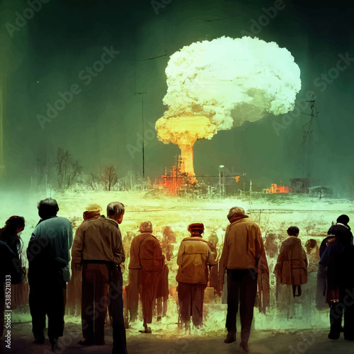 People look at the mushroom from the explosion of a nuclear bomb over the city. Nuclear war in the world. End of the world. Armageddon.