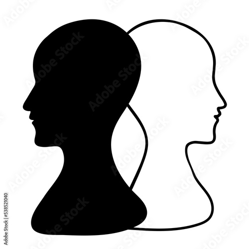 BPD Simple concept. Minimalistic Icon of human head with bipolar disorder or borderline personality disorder. Emotional dualism and Split Personality Disorder. Mental illness. Vector illustration