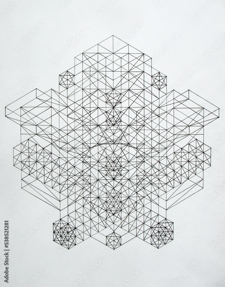 Hand drawn figure with lines. Mesh or construction. 3D form structure. Geometric shapes. Drawing lesson. Symmetry.