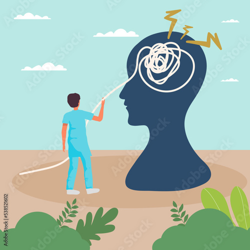 Correction in thinking. Man hold gear element, head silhouette on background, psychologist or psychotherapist helps to solve mental problems, business coach consulting. Vector concept