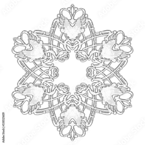 Christmas snowflake. A vintage six-beam snowflake. Complex circular ornament. Mandala pattern. Symmetrical beautiful rays. A template for a holiday. Isolated drawing