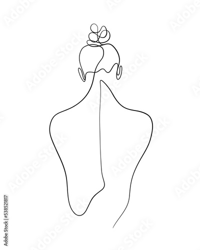 A nude woman's back is drawn in one line art style. Printable art.