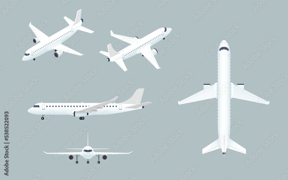 Airplanes on White Gray background, similar size isometric, top, side and front view. Flat style vector illustration.