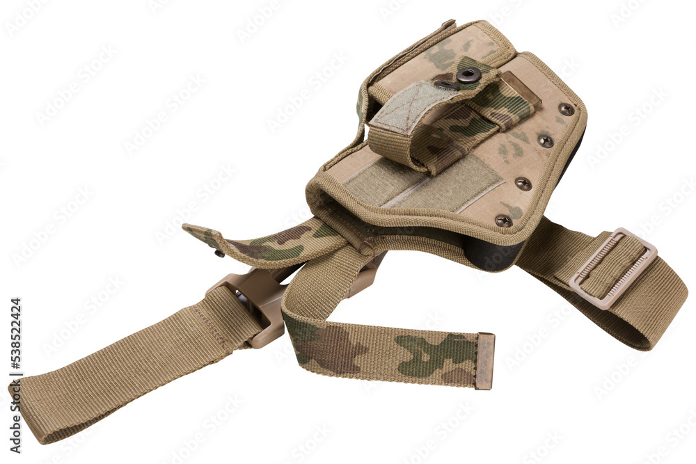Obraz premium Army holster for a large pistol, coyote color, lying on its side, with a pocket for spare cartridges, on a white background, isolate