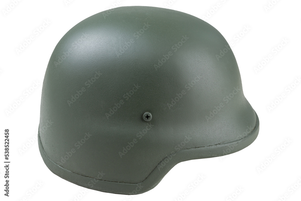 Fototapeta premium Army Kevlar helmet in khaki color, on a white background, side view, isolate