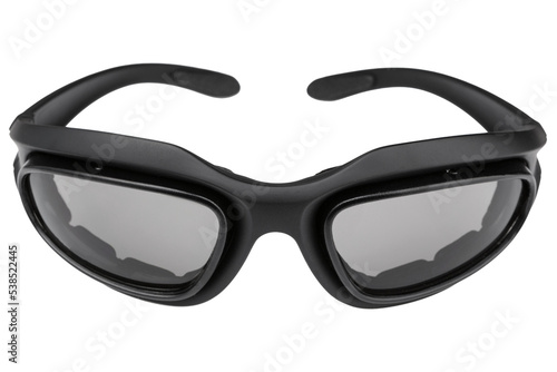 Black army tactical glasses with polarizing lenses, on a white background, frontal arrangement, isolate