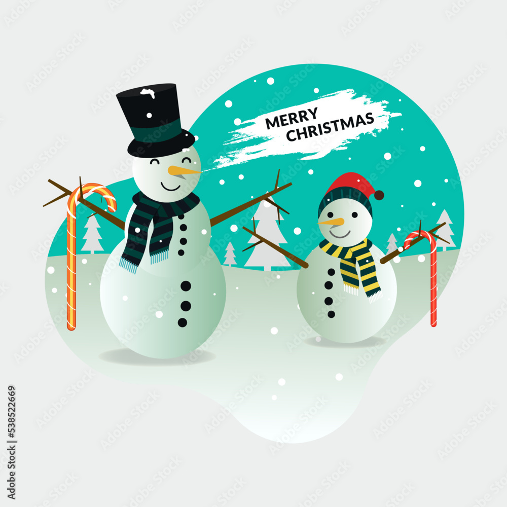 Merry christmas with snowman and candy cane character vector illustration
