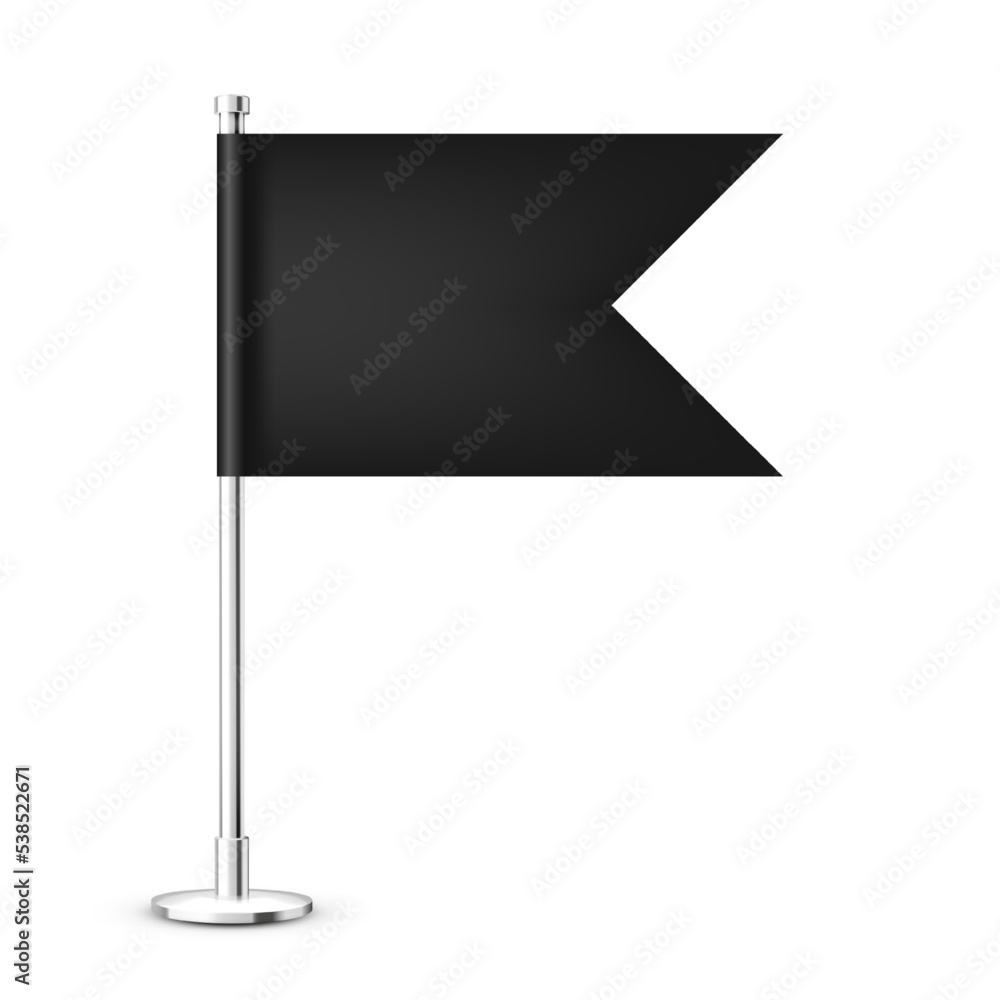 Realistic table flag on a chrome steel pole. Blank black desk flag made