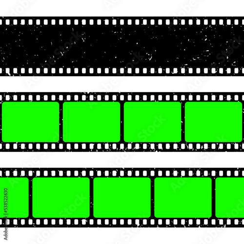 Realistic grunge film strip, camera roll. Old retro cinema movie strip with blank green chroma key background. Analog video recording and photography. Visual effects compositing. Vector illustration