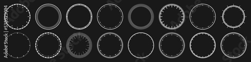 Mechanical clock faces, bezel. White watch dial with minute and hour marks. Timer or stopwatch element. Blank measuring circle scale with divisions. Vector illustration.