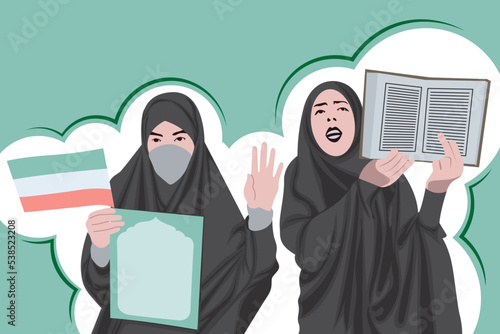 Two Iranian Muslim women in hijab protest, showing open Koran and holding Iranian flag
