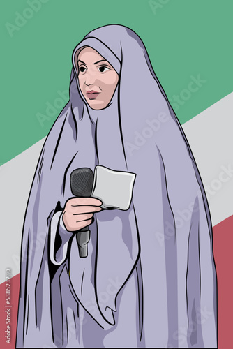 Iranian Muslim woman wearing hijab ready to give speech with microphone and notepad