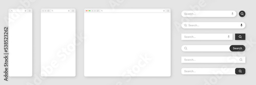 Blank internet browser window with various search bar templates. Web site engine with search box, address bar and text field. UI design, website interface elements. Vector illustration