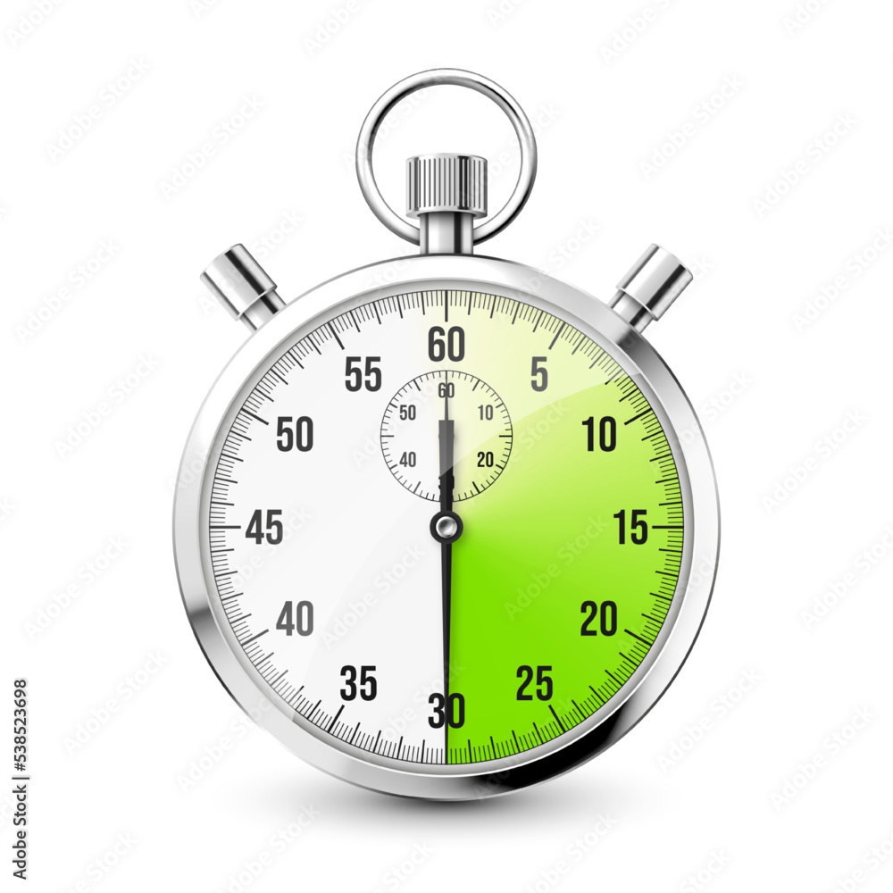 Realistic classic stopwatch icon. Shiny metal chronometer, time counter with dial. Green countdown timer showing minutes and seconds. Time measurement for sport, start and finish. Vector illustration Realistic classic stopwatch icon. Shiny metal chronometer, time counter with dial. Green countdown timer showing minutes and seconds. Time measurement for sport, start and finish. Vector illustration