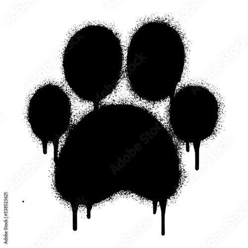 Spray Painted Graffiti Paw Print icon Sprayed isolated with a white background. graffiti paw icon with over spray in black over white. Vector illustration.