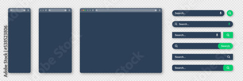 Blank internet browser window with various search bar templates, dark mode. Web site engine with search box, address bar and text field. UI design, website interface elements. Vector illustration © 32 pixels