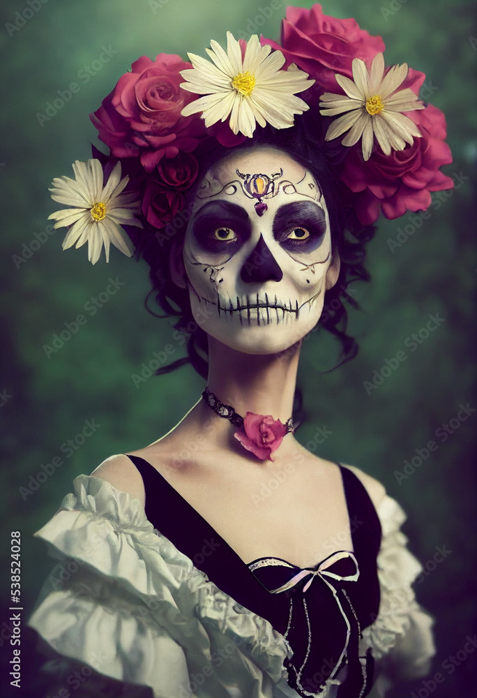 Woman with sugar skull makeup. Mexican carival skull. Mexico skull festival. Halloween party, traditional Mexican carnival