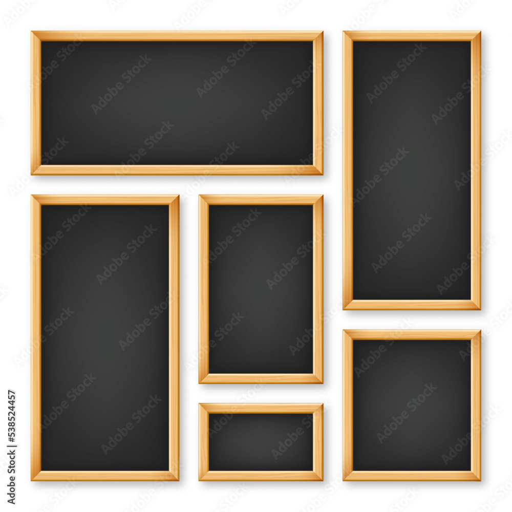 Realistic various chalkboards in a wooden frame. Black restaurant menu board. School blackboard, writing surface for text or drawing. Blank advertising or presentation boards. Vector illustration Realistic various chalkboards in a wooden frame. Black restaurant menu board. School blackboard, writing surface for text or drawing. Blank advertising or presentation boards. Vector illustration